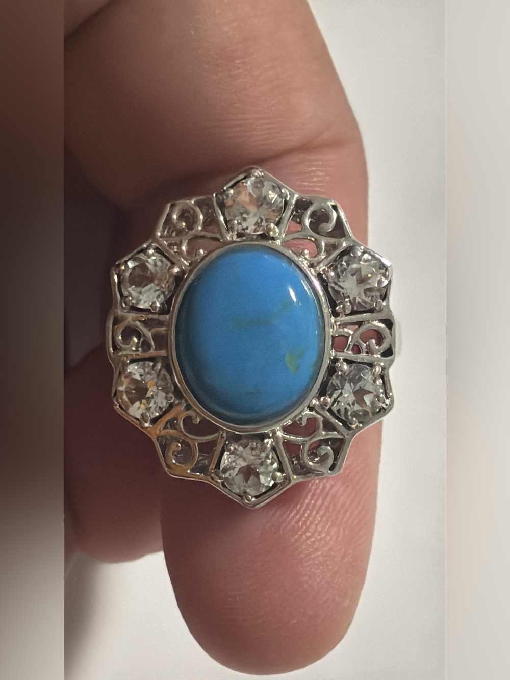 Synthetic Turquoise & Crystal Floral Halo Ring Fashion/Costume Jewelry